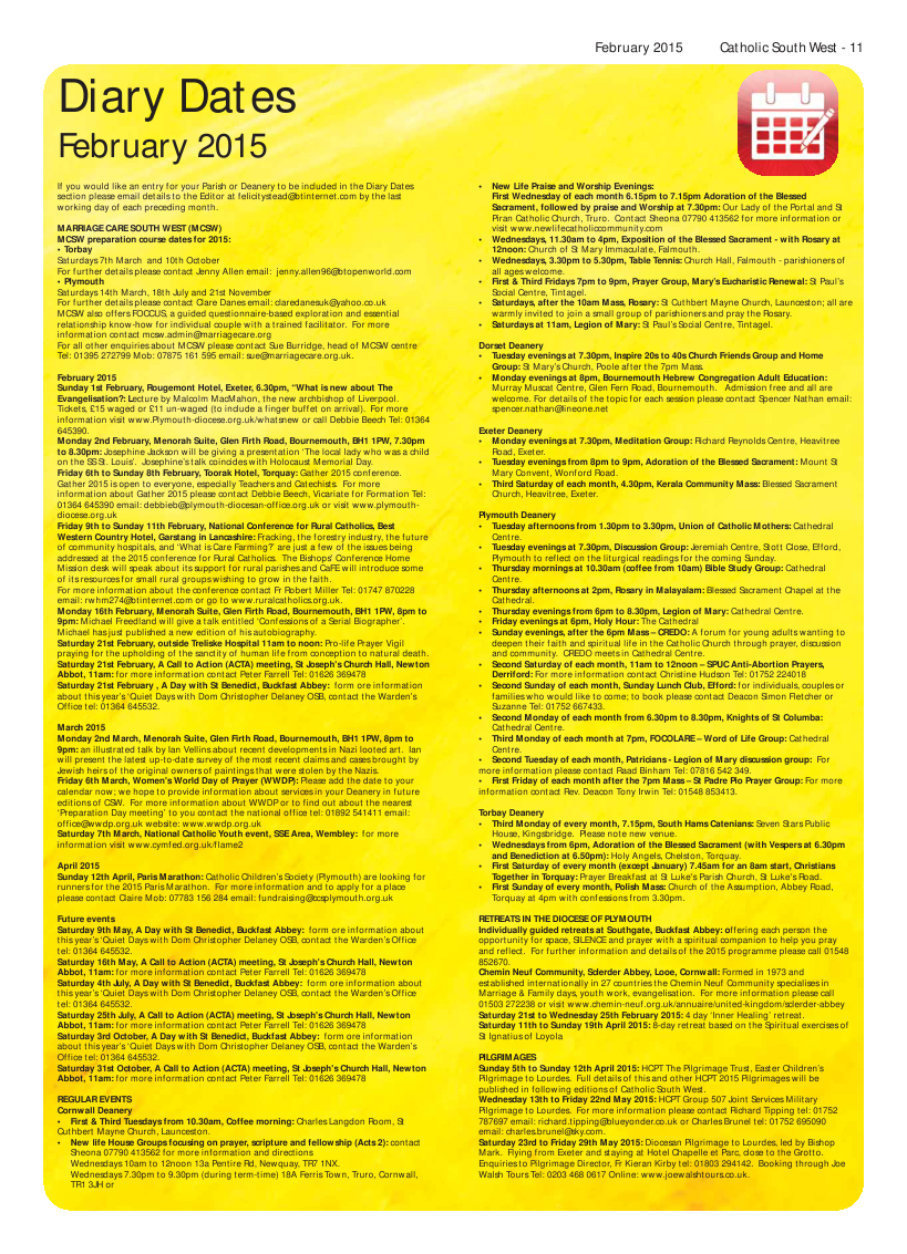 Feb 2015 edition of the Catholic South West Feb 2015 edition of the Catholic South West