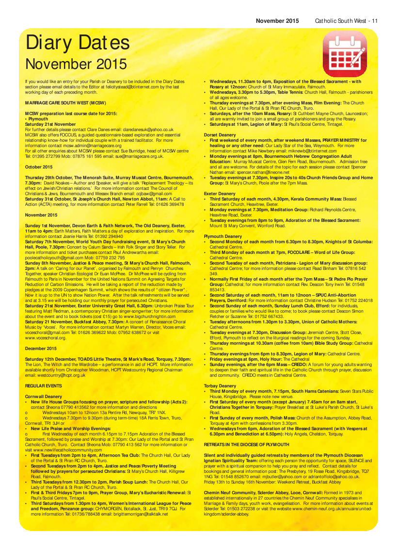 Nov 2015 edition of the Catholic South West Nov 2015 edition of the Catholic South West