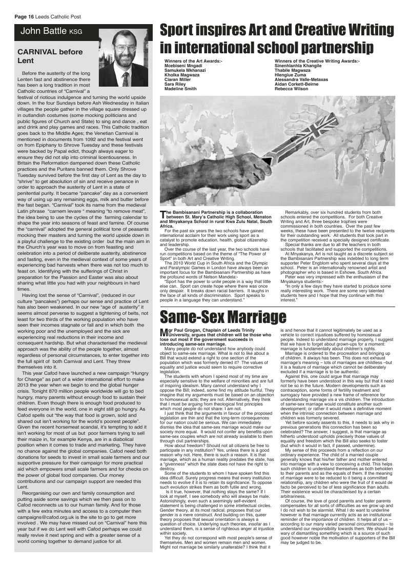 Feb 2013 edition of the Leeds Catholic Post Feb 2013 edition of the Leeds Catholic Post