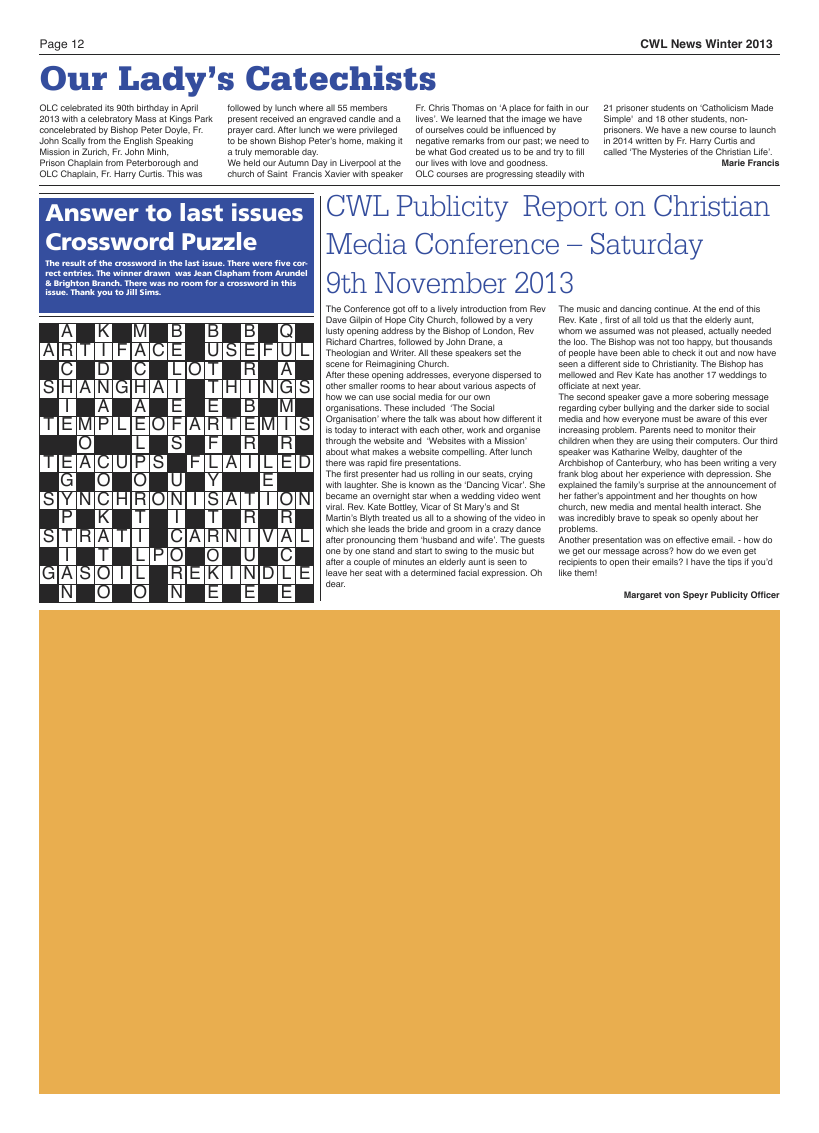 Winter 2013 edition of the CWL News