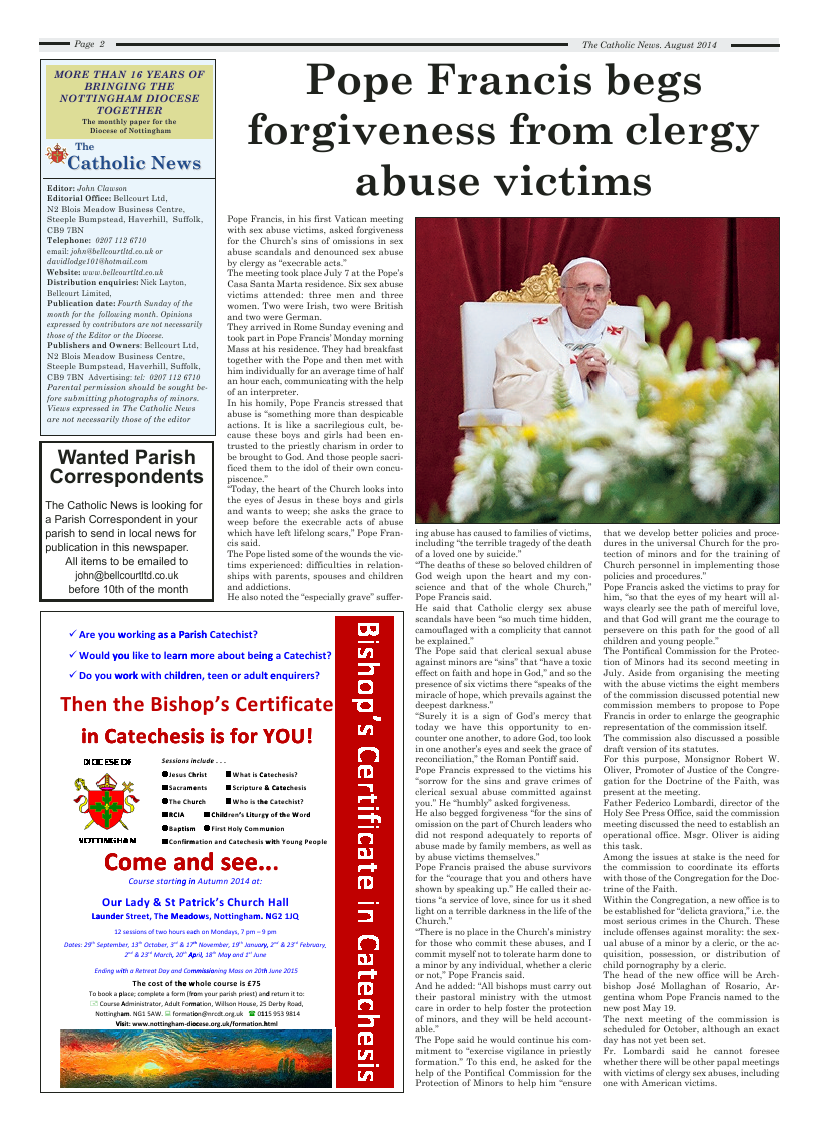 Aug 2014 edition of the Nottingham Catholic News